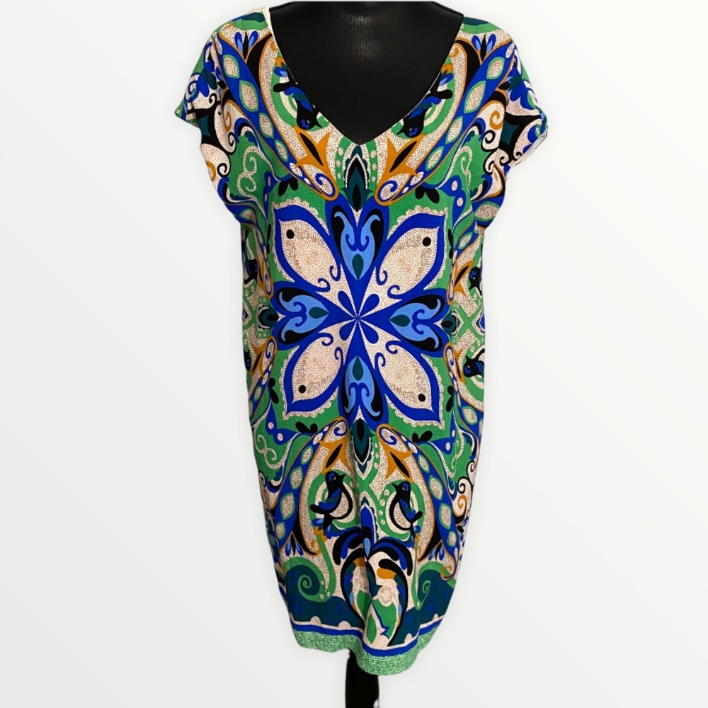Maeve Sheath Dress Medium Blue Green Tan Print Pullover V-neck Sleeveless